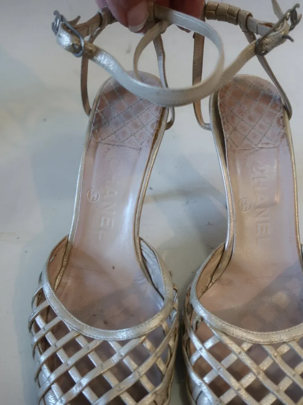 Women Chanel Metallic Champagne Fishnet Leather Ankle Strap Heels 38 EUR/US 8 - Picture 4 of 13